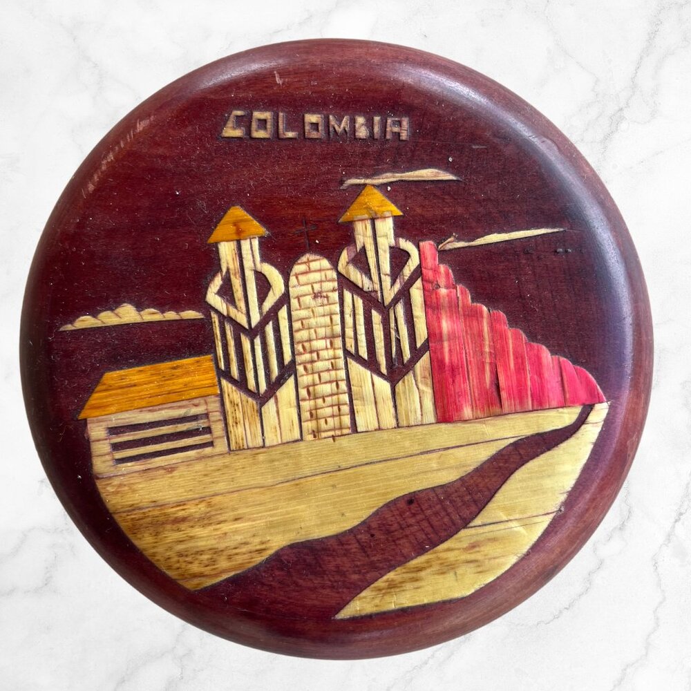 Vintage hand carved wooden round box